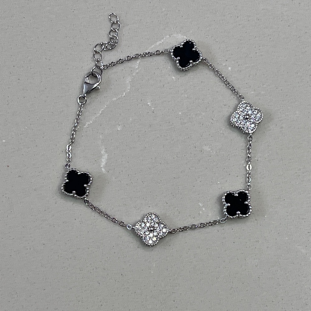 Silver Flower Motif Bracelet with Black and CZ Pave Accents